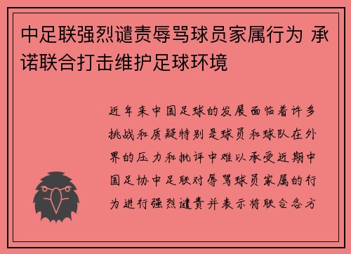 中足联强烈谴责辱骂球员家属行为 承诺联合打击维护足球环境