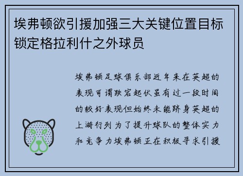 埃弗顿欲引援加强三大关键位置目标锁定格拉利什之外球员