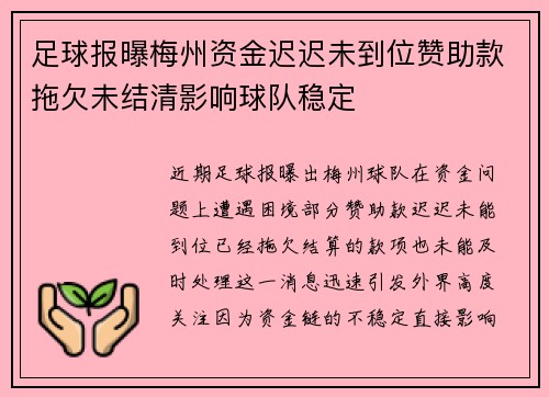 足球报曝梅州资金迟迟未到位赞助款拖欠未结清影响球队稳定
