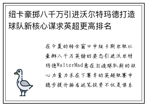 纽卡豪掷八千万引进沃尔特玛德打造球队新核心谋求英超更高排名